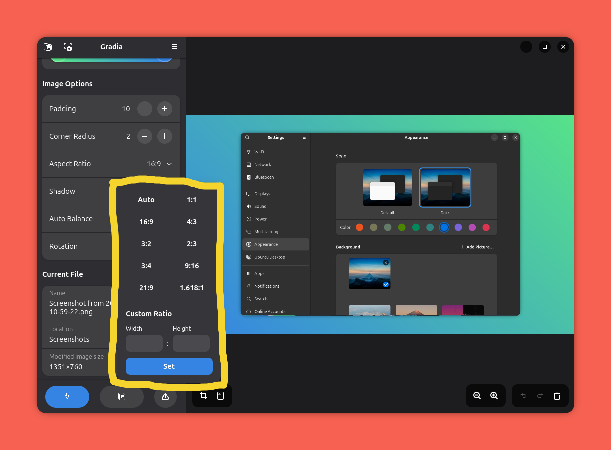 Gradia screenshot – výběr poměru stran